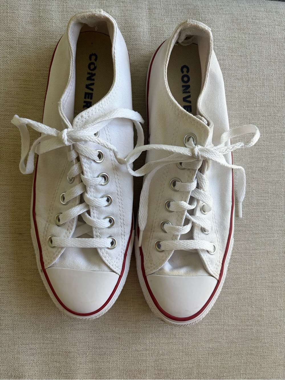 Converse White Low Top Canvas Sneakers with Red Stripe